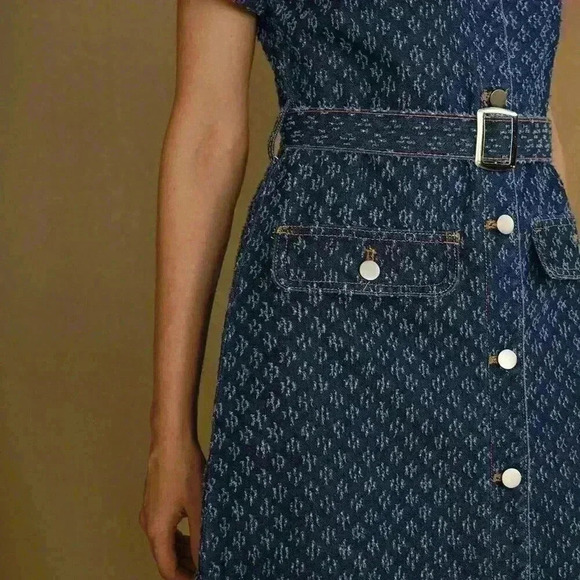 Blue Women's Flap Detail Buckle Belted Swiss Dot Denim Dress - Picture 2 of 8